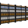 Black Display Shelves With Multiple Layers Organized Holding Various White And Brown Packages