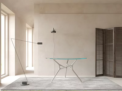 Modern Glass Top Dining Table Unique Leg Design Natural Light Floor Lamp Louvered Doors 3d model