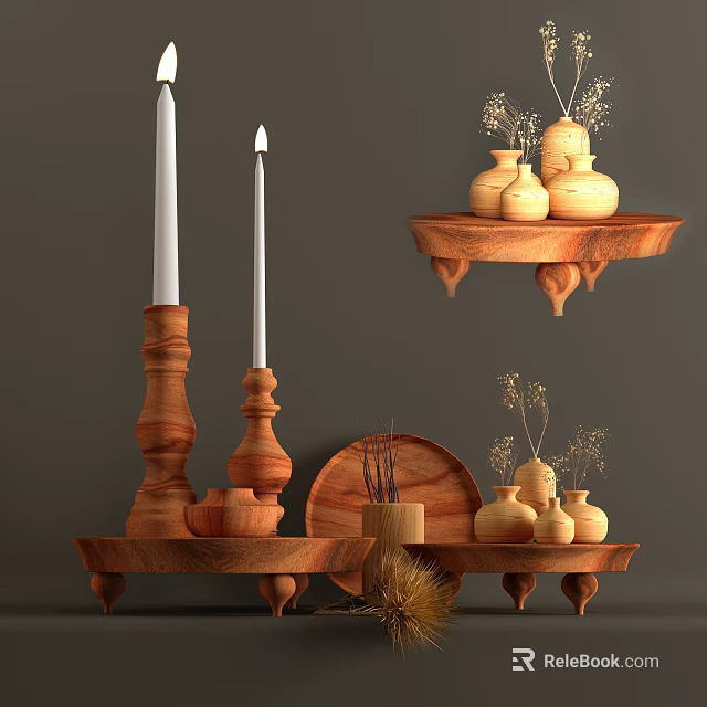 Wooden Decorative Ornament Set with Candle Holders Vases Shelves and Dried Flowers 3d model 