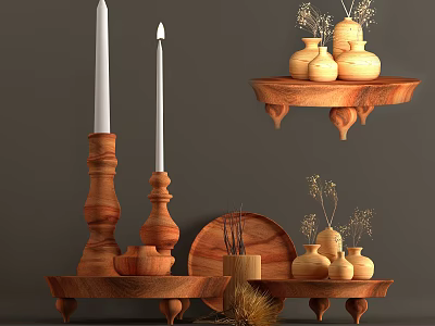 Wooden Decorative Ornament Set with Candle Holders Vases Shelves and Dried Flowers 3d model