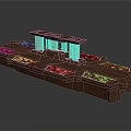 Cartoon Scene Wooden Display Platform With Red Pattern Panels And Transparent Pillars