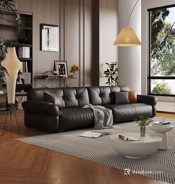 Modern Living Room Interior With Black Leather Sofa Striped Rug Coffee Table And Plants 3d model 
