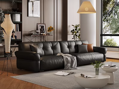 Modern Living Room Interior With Black Leather Sofa Striped Rug Coffee Table And Plants 3d model