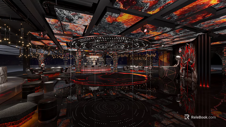 Luxury Club Interior Featuring Ornate Ceiling Circular Design And Mirrored Flooring 3d model 