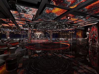 Luxury Club Interior Featuring Ornate Ceiling Circular Design And Mirrored Flooring 3d model
