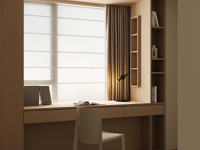 Cozy Bay Window Cabinet Setup With Desk White Chair Books And Table Lamp 3d model