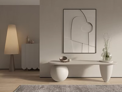 Minimalist Interior Featuring Abstract Geometric Wall Art White Console Table Floor Lamp And Decorative Elements 3d model