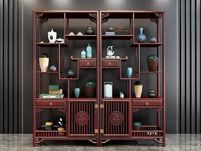 Dark Red Traditional Chinese Display Shelf With Porcelain Vases Tea Sets Drawers And Decorative Items 3d model