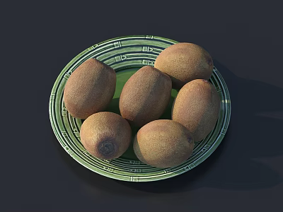 Fresh Ripe Kiwi Fruits Arranged on Green Patterned Decorative Plate 3d model