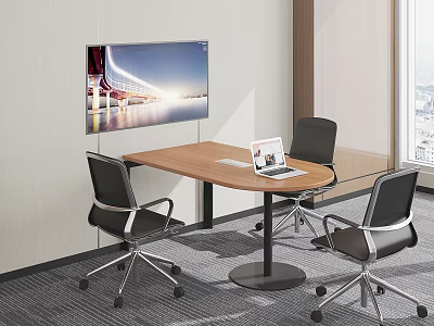 Modern Wooden Office Desk With Laptop Three Black Chairs And Wall Mounted Screen 3d model