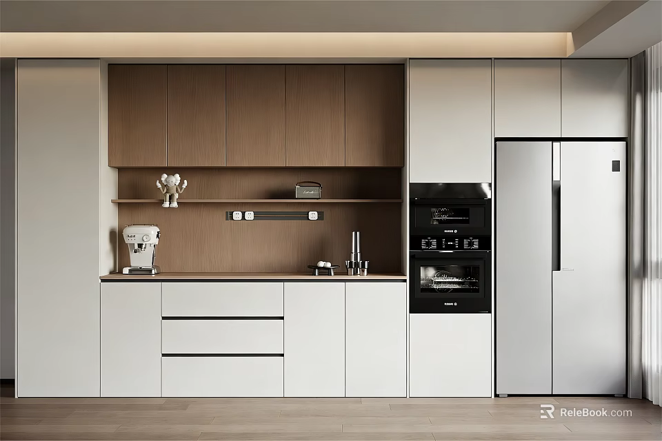 Modern Kitchen Sideboard Design With Wooden And White Cabinets And Appliances 3d model 