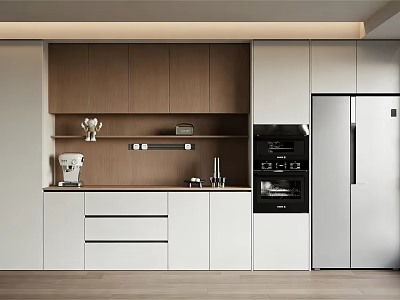 Modern Kitchen Sideboard Design With Wooden And White Cabinets And Appliances 3d model