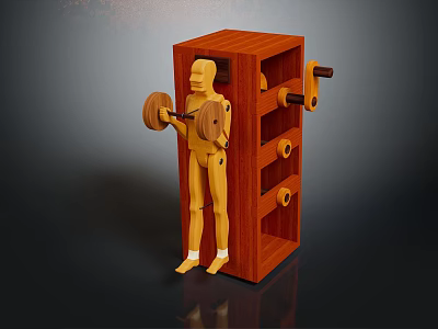 Wooden Fitness Equipment Storage Rack With Humanoid Figure And Barbell 3d model