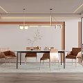 Modern Restaurant Interior With Dining Table Brown Chairs And Pendant Lights 3d model