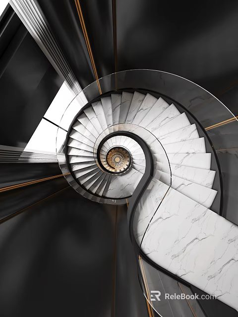 Modern Spiral Staircase Design With White Marble Steps And Metal Railings 3d model 