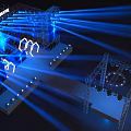 Modern Stage Platform Design With Blue Lighting Metal Frame LED Screens And Hexagons