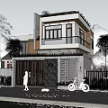 Modern Detached Villa With Green Roof Balcony Wooden Gate And Surrounding Trees