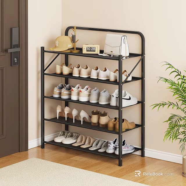 Black Multi Tiered Shoe Rack with Various Shoes and Decorative Items 3d model