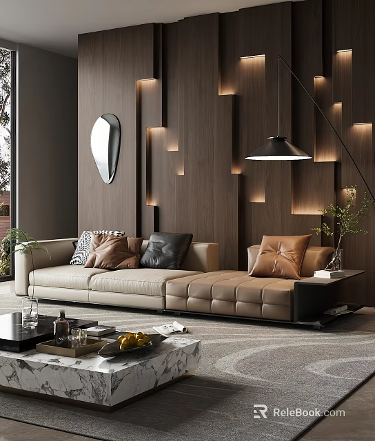 Modern Sofa Coffee Table Set With Throw Pillows Wooden Wall Recessed Lighting And Pendant Light 3d model 