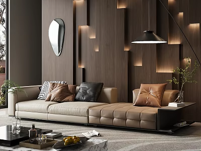 Modern Sofa Coffee Table Set With Throw Pillows Wooden Wall Recessed Lighting And Pendant Light 3d model
