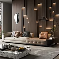 Modern Sofa Coffee Table Set With Throw Pillows Wooden Wall Recessed Lighting And Pendant Light