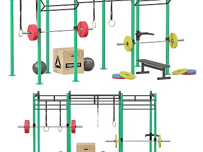 Home Gym Sports Equipment With Barbells Racks Rings Medicine Balls And Bench 3d model