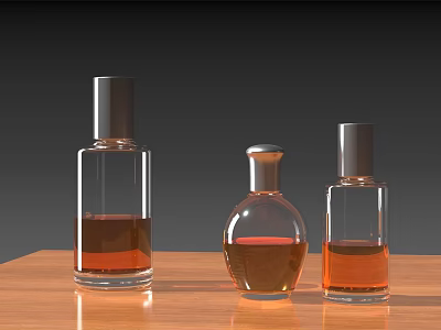Three Transparent Wine Bottles With Brown Liquid Placed On Wooden Table Dark Background 3d model