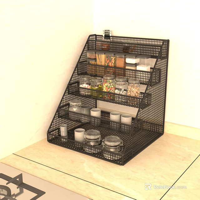 Organized Spice Jars with Black Multi Tiered Wire Rack on Light Colored Kitchen Countertop 3d model 