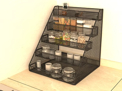 Organized Spice Jars with Black Multi Tiered Wire Rack on Light Colored Kitchen Countertop 3d model