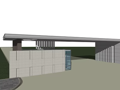 Modern Entrance Gate Design With Long Canopy Stone Walls And Glass Door 3d model