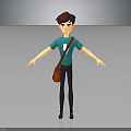 3D Boy Character With Brown Hair Teal T Shirt Brown Shoulder Bag And Outstretched Arms