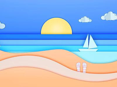 Cartoon Beach Scene With Sun Clouds Sailboat And Flip Flops On Sand 3d model