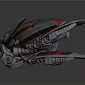 Futuristic Mechanical Device With Dark Gray Body Red Accents And Green Glowing Light