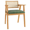 Stylish Modern Accent Chair With Dark Wooden Frame Rattan Backrest And Beige Fabric Seat