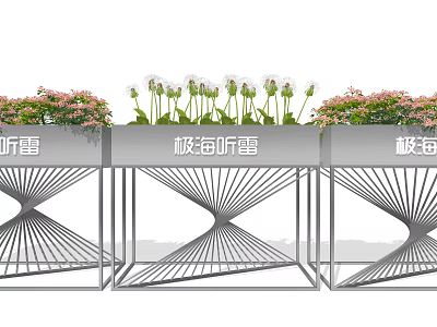 Three Flower Planters With Geometric Line Stand And Pink White Flowers 3d model