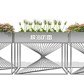 Three Flower Planters With Geometric Line Stand And Pink White Flowers