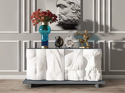 Sculptural White Console Cabinet With Red Flower Blue Vase Golden Decor And Gray Paneled Wall 3d model