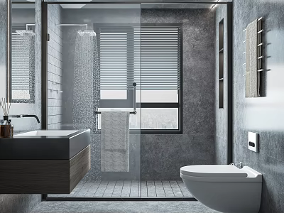 Modern Bathroom Interior With Glass Shower Gray Walls Blinds And Wall Mounted Toilet 3d model