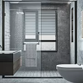 Modern Bathroom Interior With Glass Shower Gray Walls Blinds And Wall Mounted Toilet