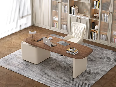 Bright Modern Study Room Interior With Wooden Desk White Chair Bookshelves And Area Rug 3d model
