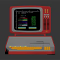 Vintage Red Retro Computer System With Monitor And Yellow Keyboard Design