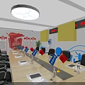 Spacious Conference Room With Long Table Flags Projection Screen And Round Ceiling Light 3d model