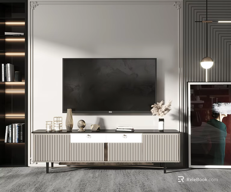 Modern TV Stand With Flat Screen TV Vase Books And Decorative Items 3d model 