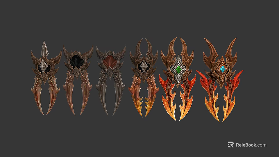 Ornate Decorative Weapons With Various Designs Gemstone Inlays And Flame Patterns 3d model