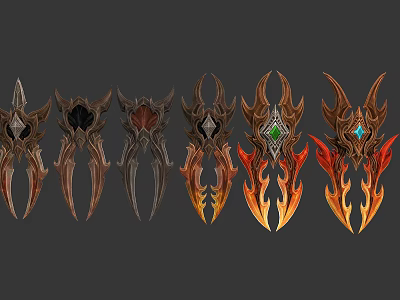 Ornate Decorative Weapons With Various Designs Gemstone Inlays And Flame Patterns 3d model