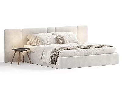 Modern Double Bed With Wide Headboard Pillows Checkered Blanket And Small Round Side Table 3d model