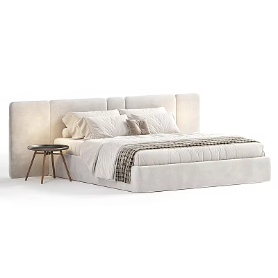 Modern Double Bed With Wide Headboard Pillows Checkered Blanket And Small Round Side Table 3d model