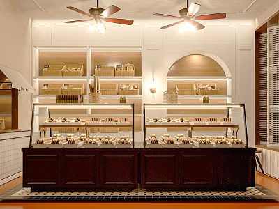 Cozy Dessert Shop Interior With Glass Display Cases Fresh Pastries Wooden Shelves And Ceiling Fans 3d model
