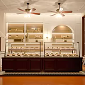 Cozy Dessert Shop Interior With Glass Display Cases Fresh Pastries Wooden Shelves And Ceiling Fans