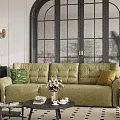 Beige And Green Sofa Set In Elegant Living Room With Arched Window And Herringbone Floor